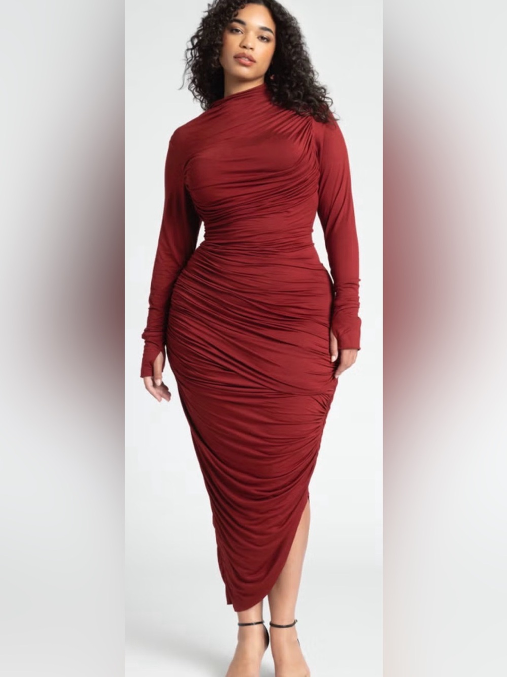 Eloquii Long Sleeve Ruched Midi Dress in Burgundy Red